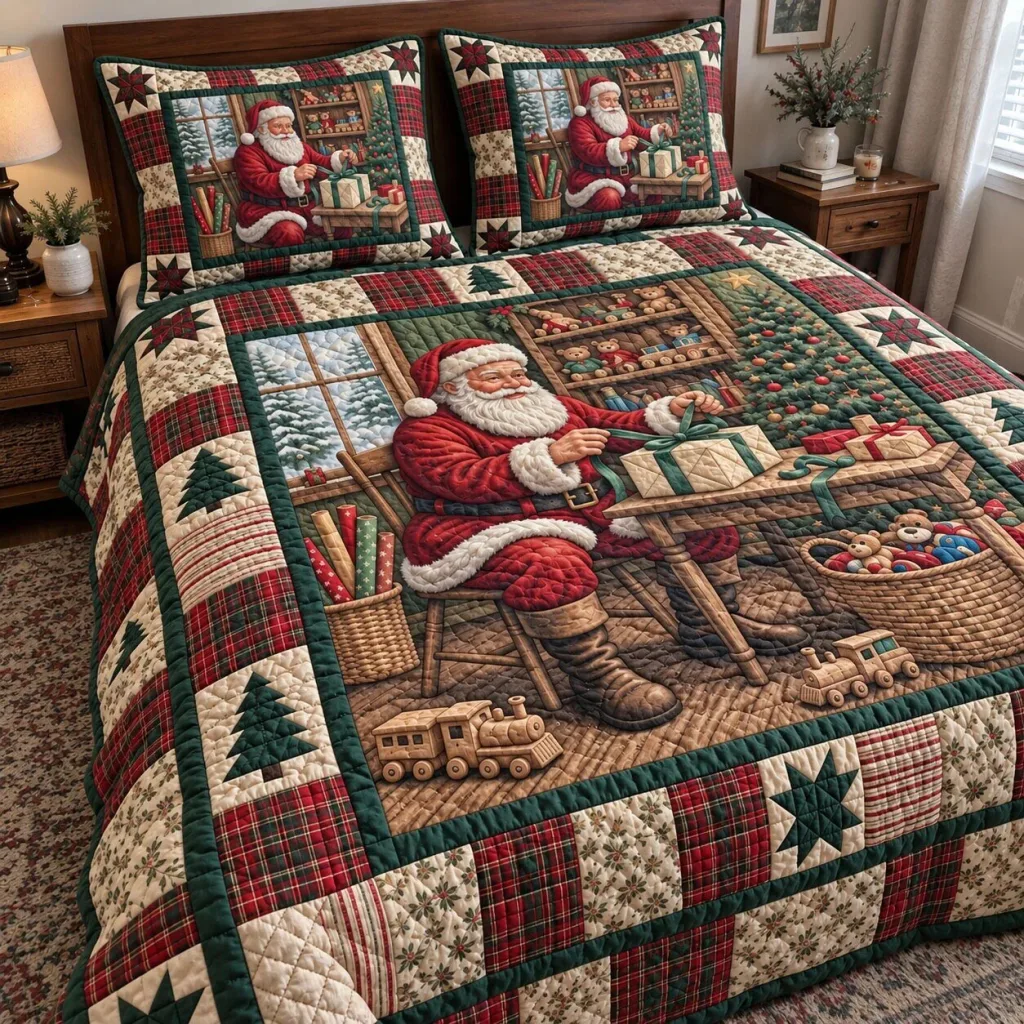 Santa Claus Christmas Holiday Quilted Bedding Set with Pillow Shams Santa Claus Christmas Holiday Quilted Bedding Set with Pillow Shams