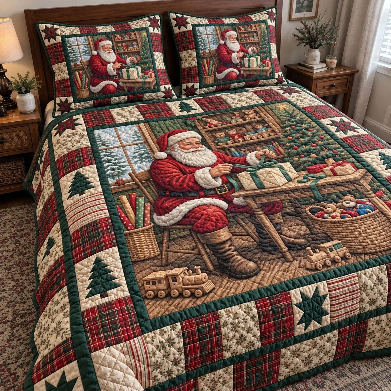 Santa Claus Christmas Holiday Quilted Bedding Set with Pillow Shams 5 Santa Claus Christmas Holiday Quilted Bedding Set with Pillow Shams