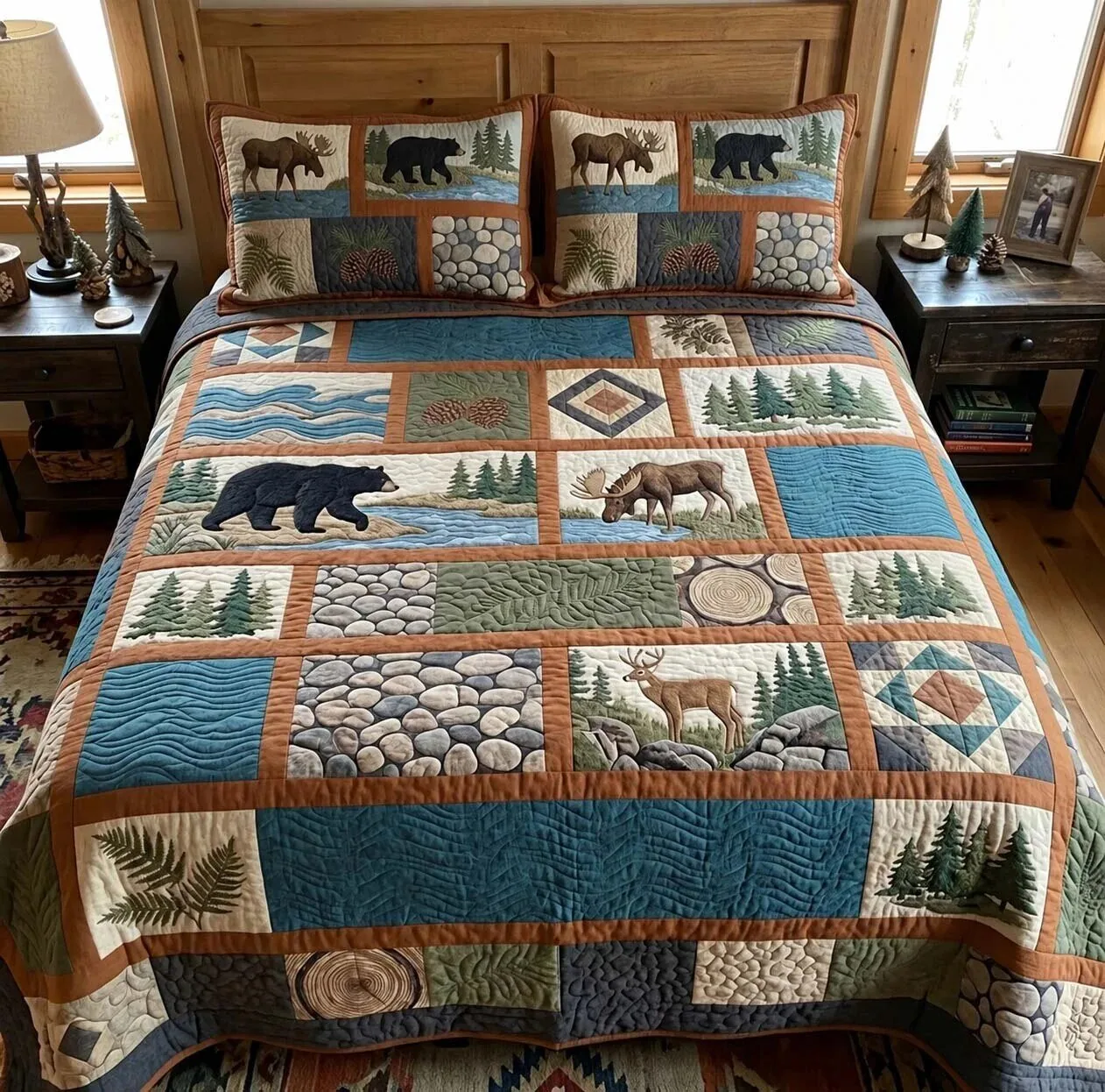 Rustic Wildlife Forest Animals Quilted Bedding Set with Bear and Moose Design