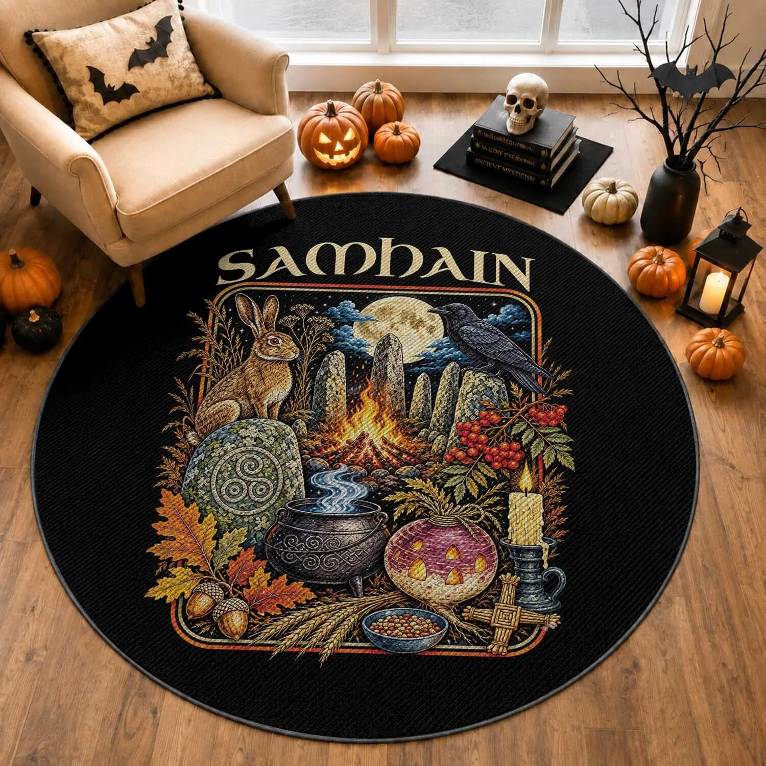 Samhain Ancient Pagan Ritual Sacred Fire Turnip Lantern Spooky Round Rug