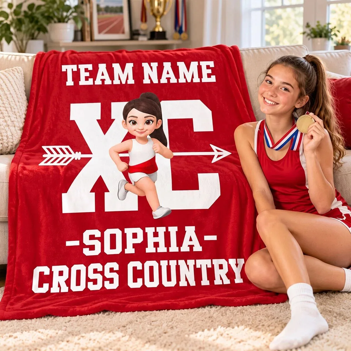 Personalized Cross Country Runner Fleece Blanket with Custom Name and Team