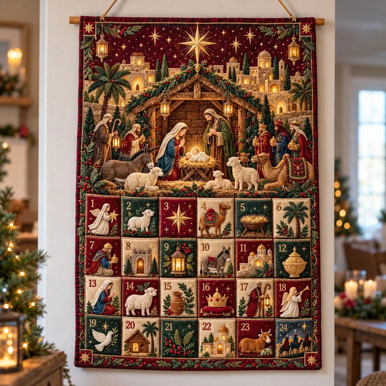 Christmas Nativity Scene Advent Calendar Wall Hanging Tapestry