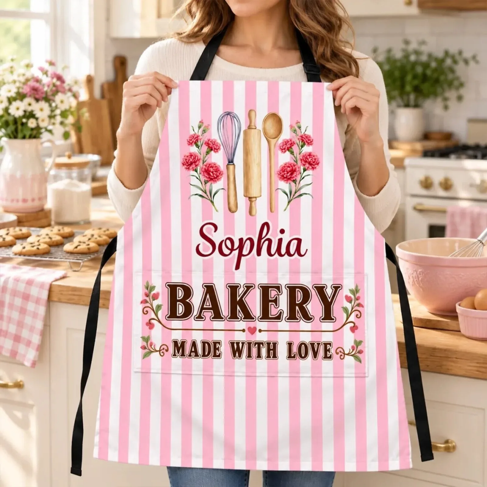 Personalized Floral Bakery Apron with Pocket for Bakers and Home Chefs