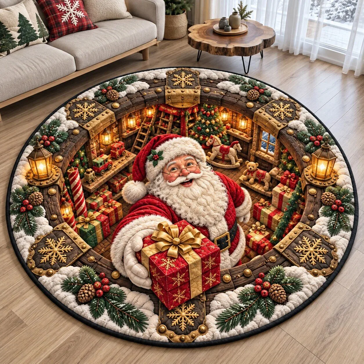 Home 9 Santa Claus Christmas Workshop Round Area Rug - Festive Holiday Home Decor