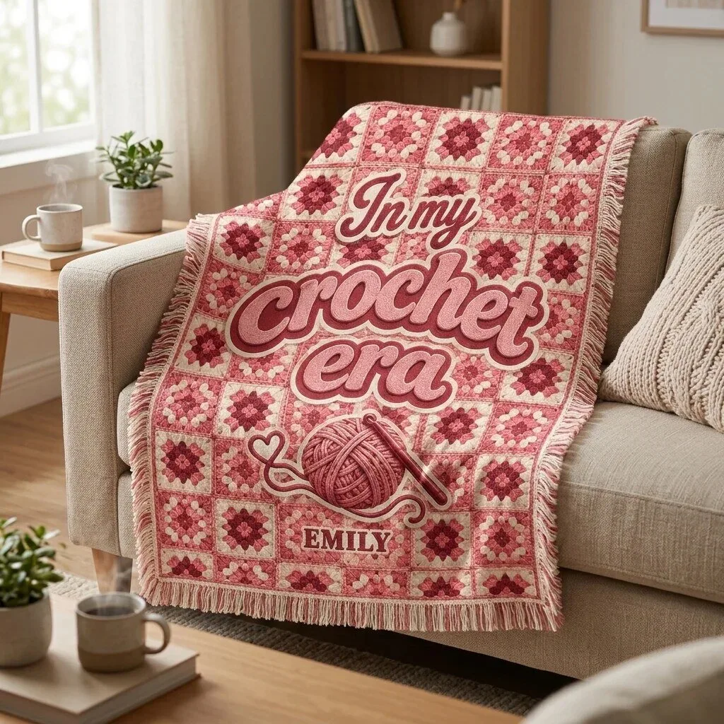 Home 7 In My Crochet Era Personalized Pink Granny Square Woven Blanket