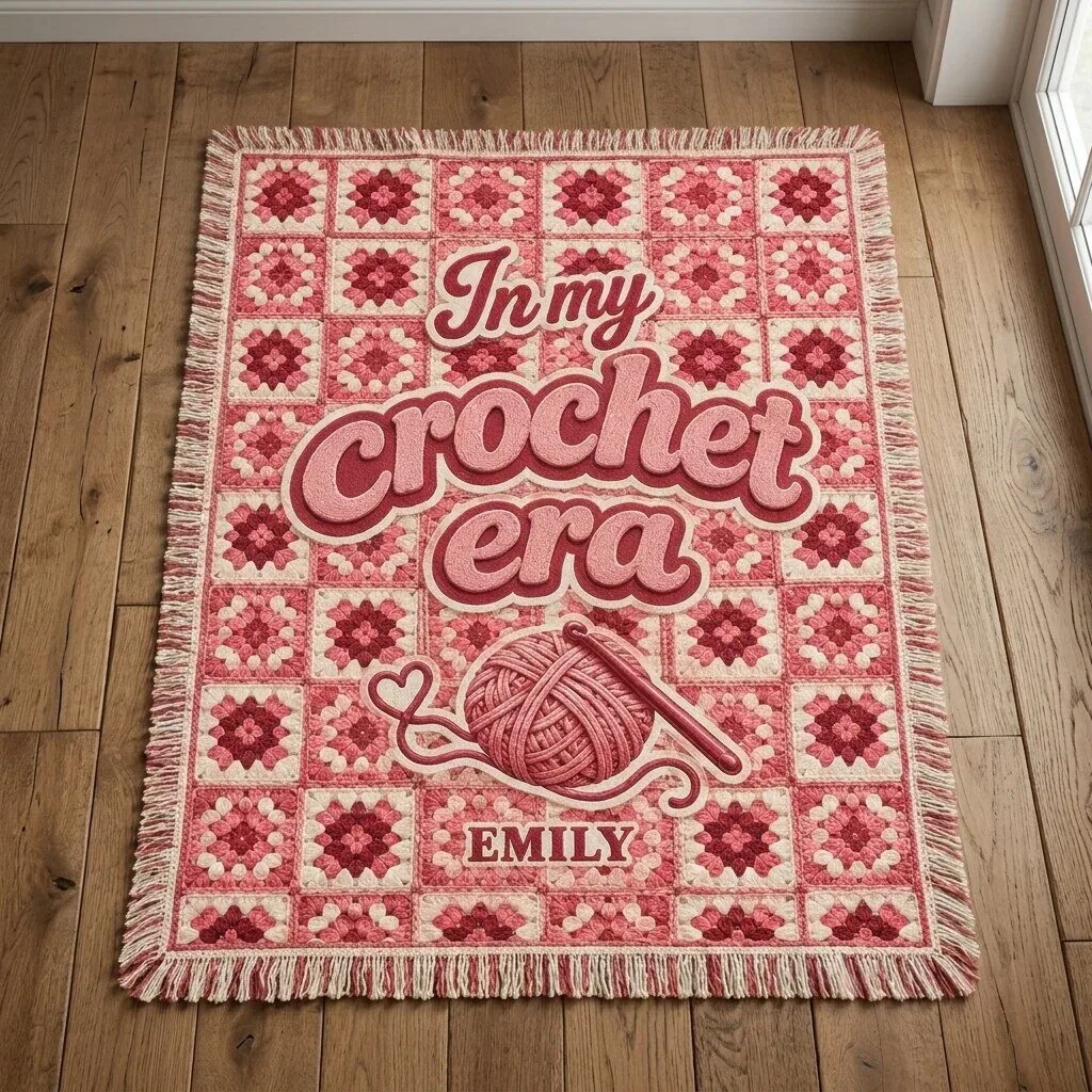 In My Crochet Era Personalized Pink Granny Square Woven Blanket