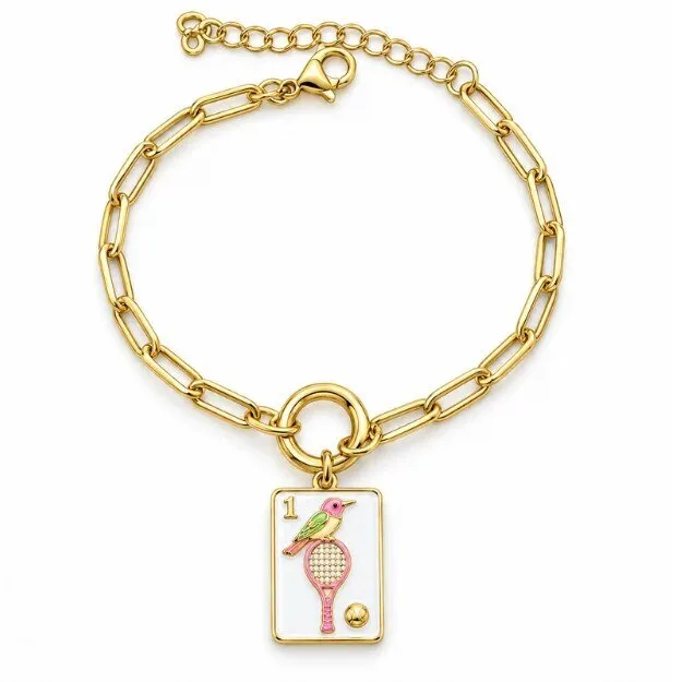 Tennis Mahjong Bird Charm Gold Paperclip Chain Bracelet