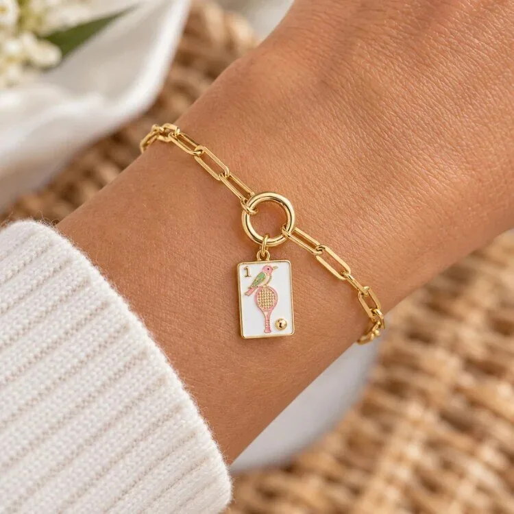 Tennis Mahjong Bird Charm Gold Paperclip Chain Bracelet