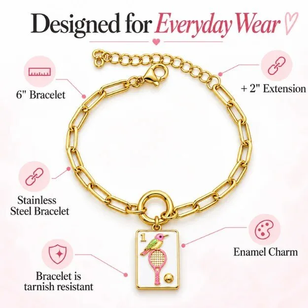 Tennis Mahjong Bird Charm Gold Paperclip Chain Bracelet 5 Tennis Mahjong Bird Charm Gold Paperclip Chain Bracelet