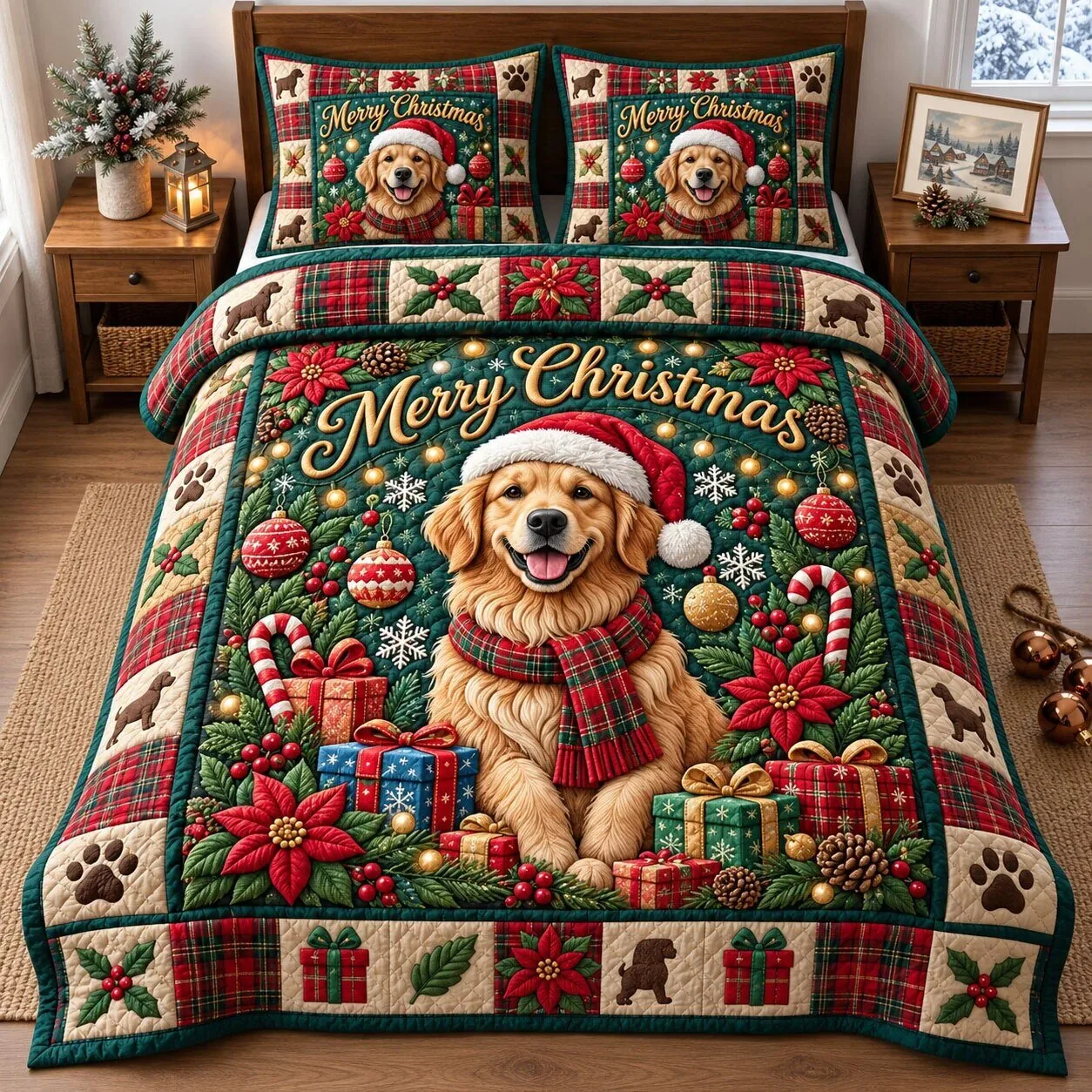 Golden Retriever Dog Merry Christmas Quilted Bedding Set with Pillow Shams