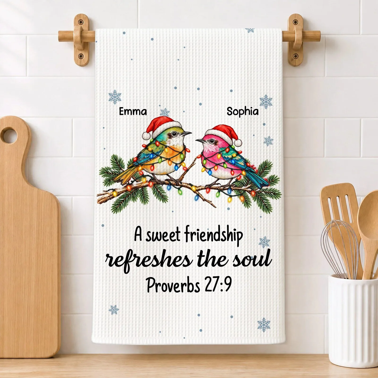 Personalized Christmas Birds Friendship Kitchen Towel with Proverbs 27:9 Quote