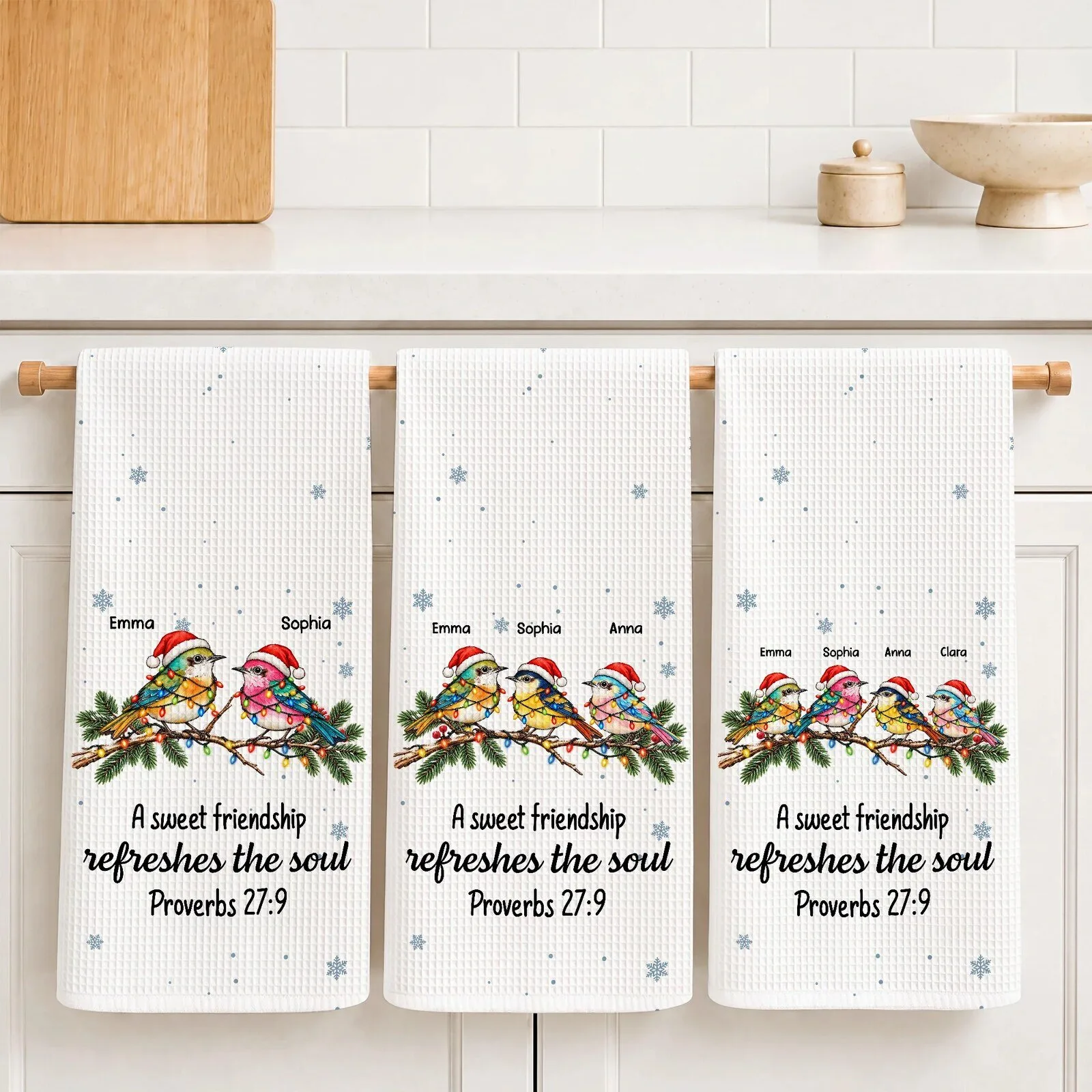Personalized Christmas Birds Friendship Kitchen Towel with Proverbs 27:9 Quote