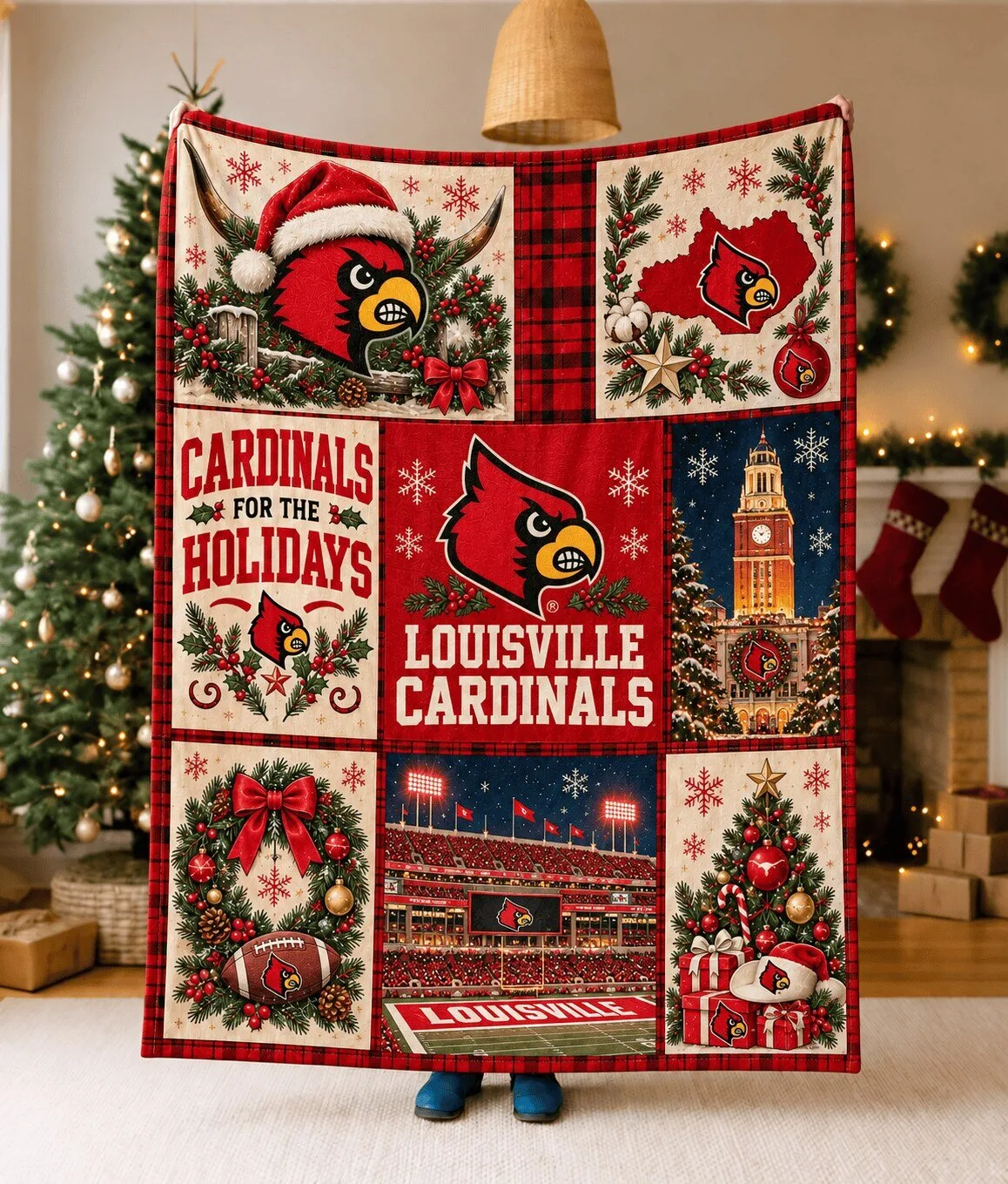 Louisville Cardinals Christmas Holiday Plaid Fleece Throw Blanket