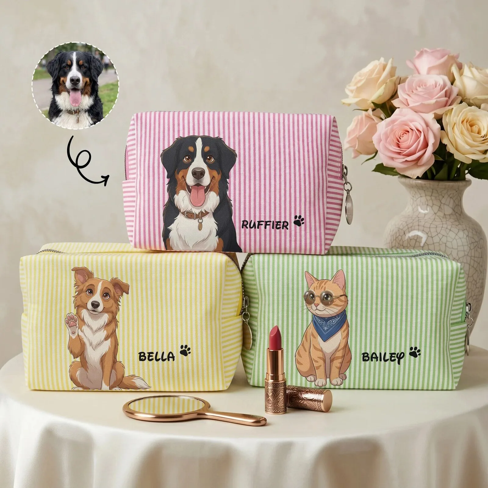 Personalized Pet Portrait Striped Pattern Custom Makeup Bag