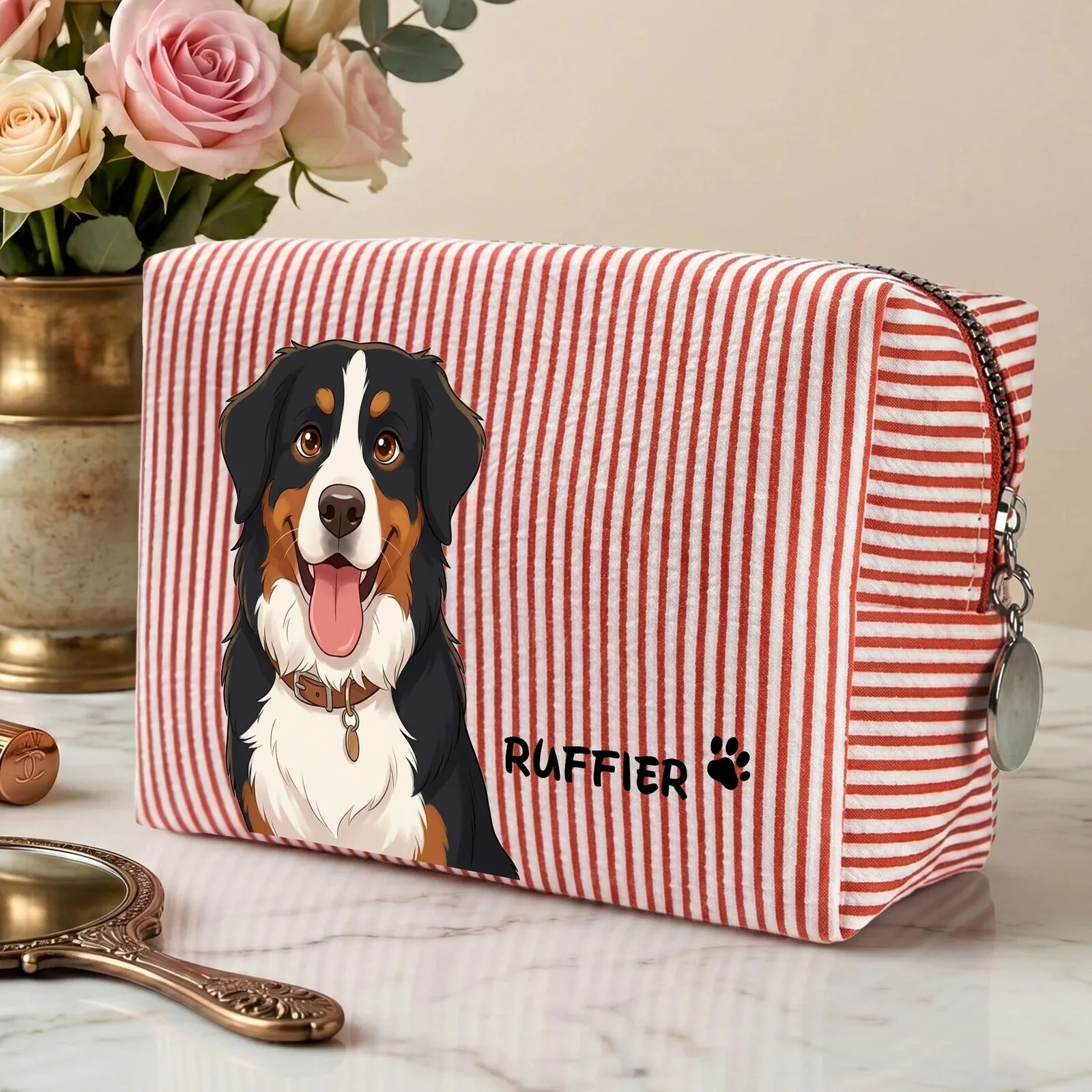 Personalized Pet Portrait Striped Pattern Custom Makeup Bag