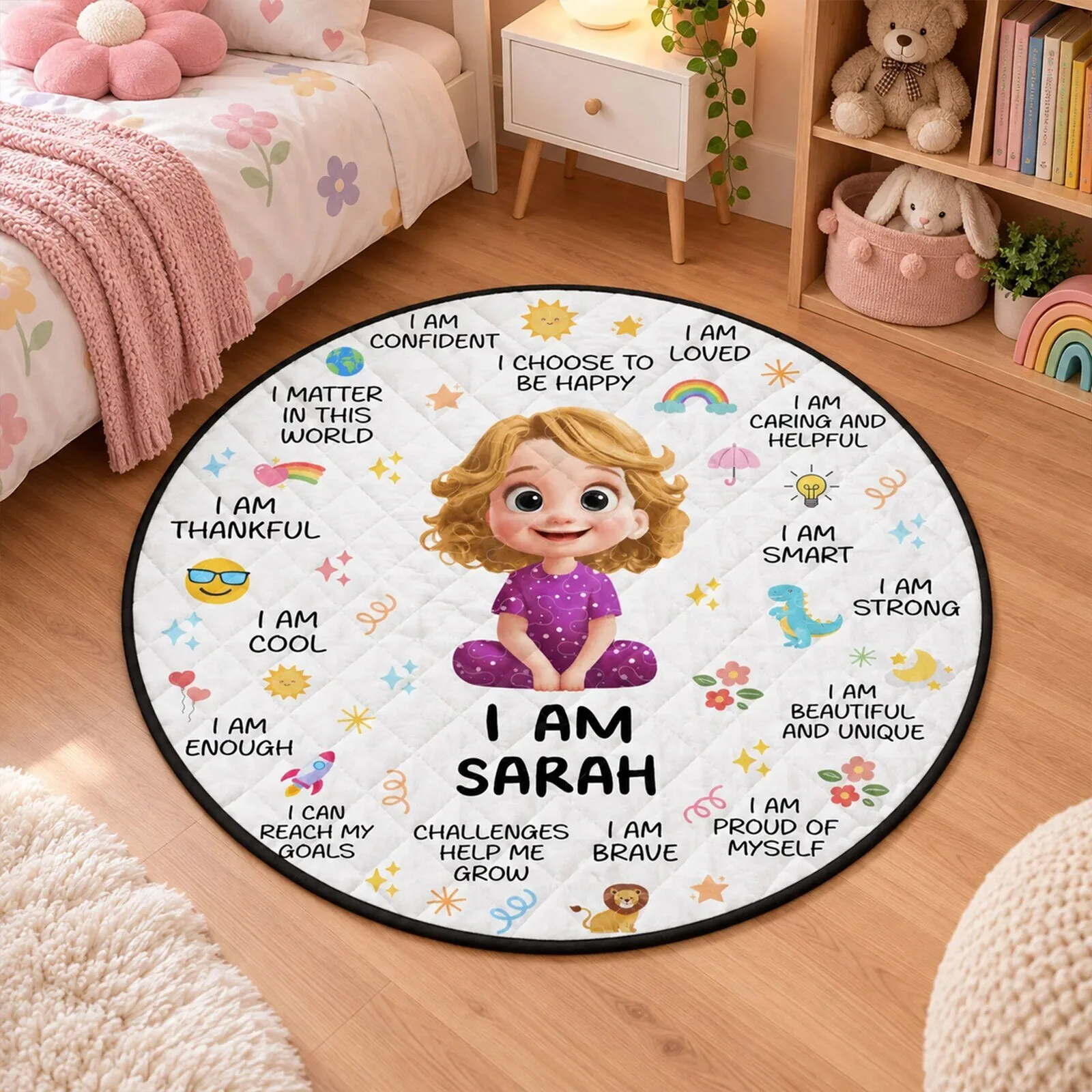 Personalized Kids Positive Affirmation Round Quilted Mat for Girls Bedroom