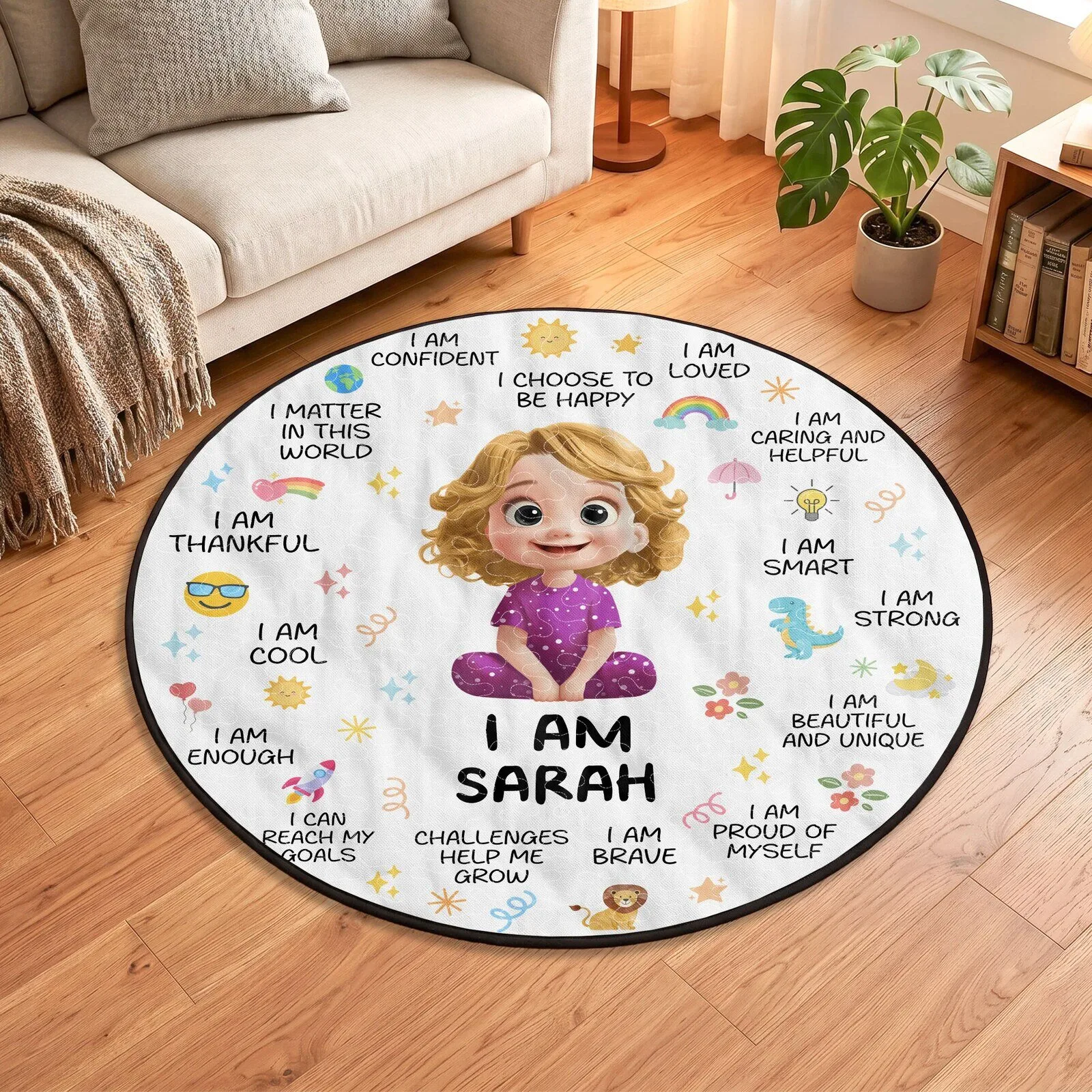 Personalized Kids Positive Affirmation Round Quilted Mat for Girls Bedroom