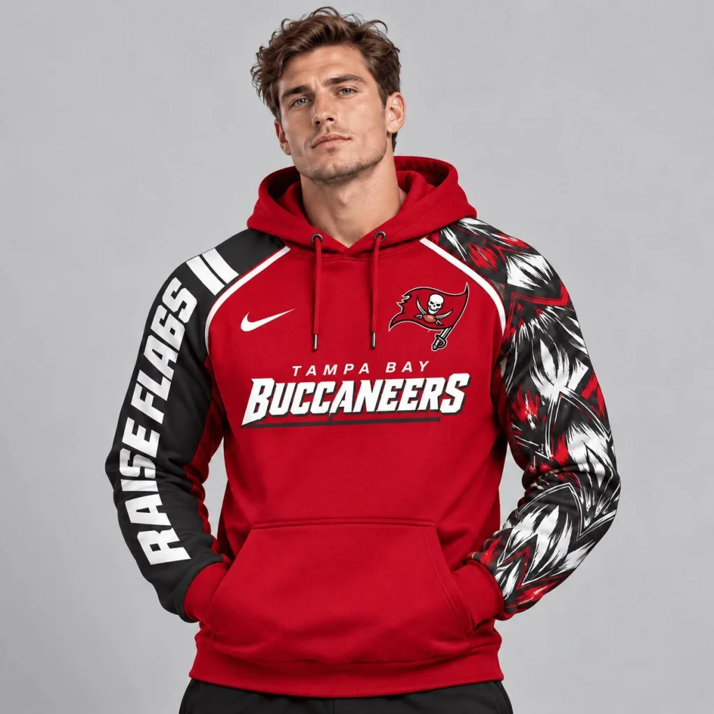 Asymmetric Sleeve Pullover Hoodie with Dynamic Brushstroke Graphic for Tampa Bay Buccaneers Asymmetric Sleeve Pullover Hoodie with Dynamic Brushstroke Graphic for Tampa Bay Buccaneers