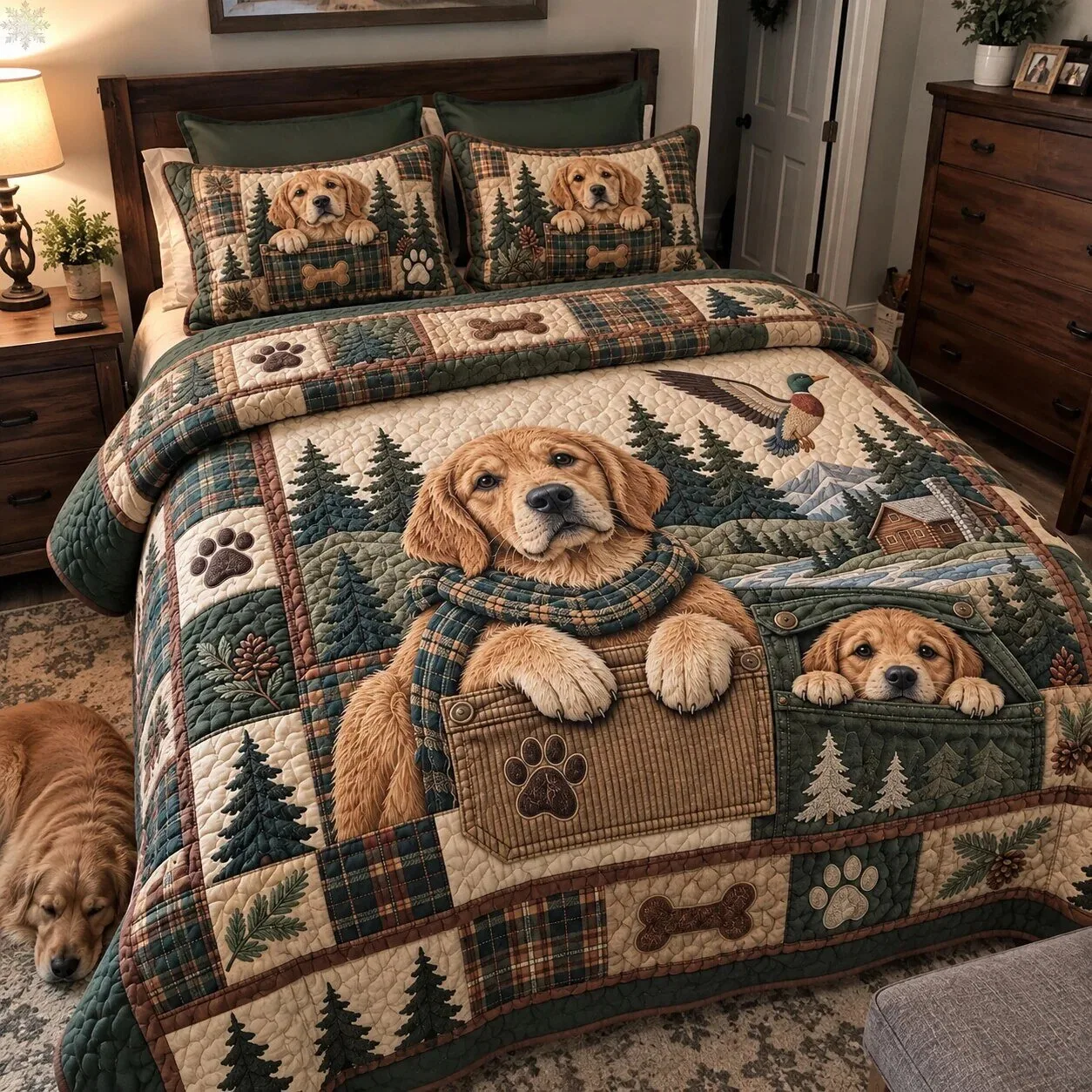 Golden Retriever Dog Forest Plaid Quilted Bedding Set with Pillow Shams