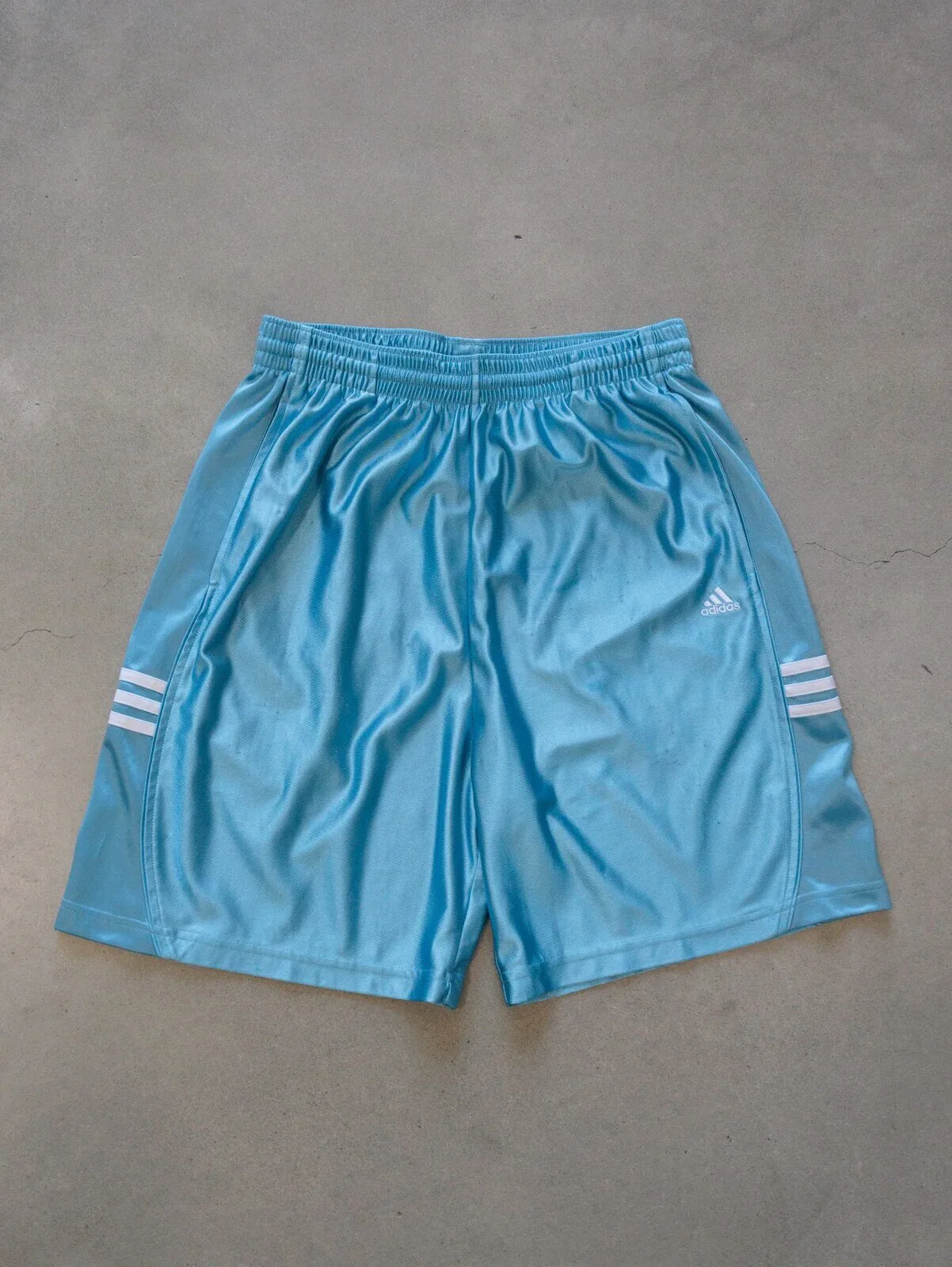 Vintage Adidas Blue Shiny Basketball Shorts with White Stripes