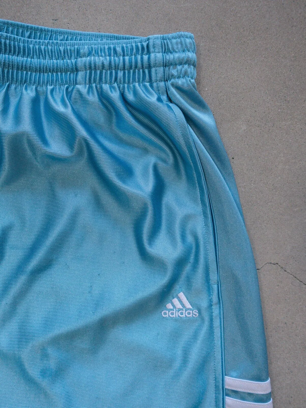 Vintage Adidas Blue Shiny Basketball Shorts with White Stripes