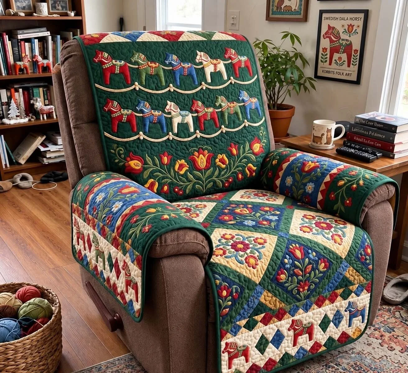 Dala Horse Folk Art Quilted Recliner Cover with Floral Pattern