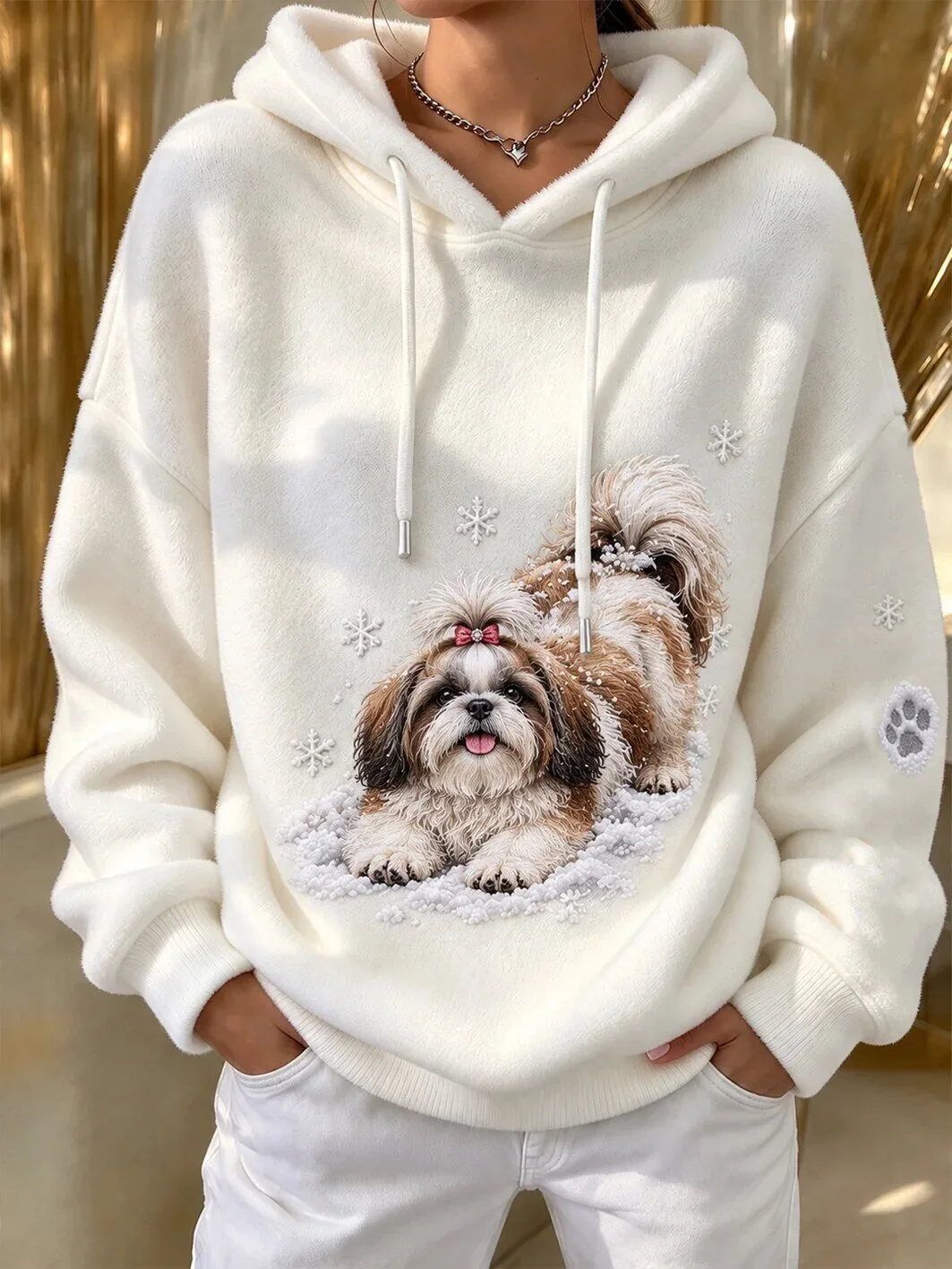 Shih Tzu Puppy Dog Snowflakes Winter White Fleece Hoodie for Women