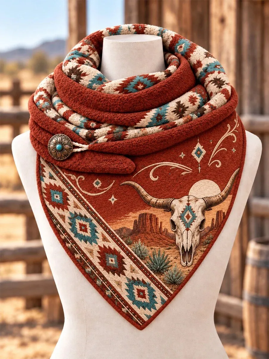 Retro Western Bull Skull and Desert Landscape Triangle Scarf for Women